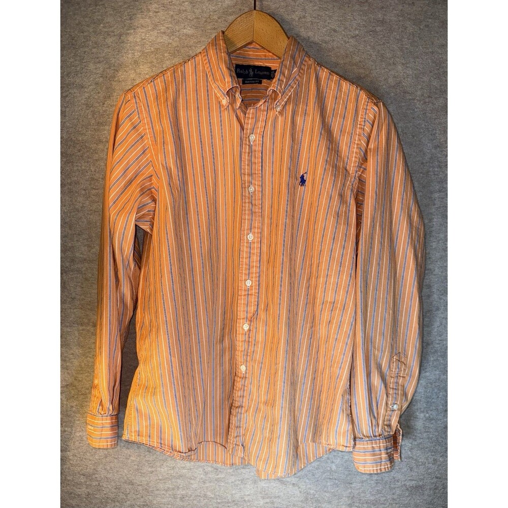 Ralph Lauren Men L Custom Fit Orange White Stripe Long Sleeve Button Down Shirt